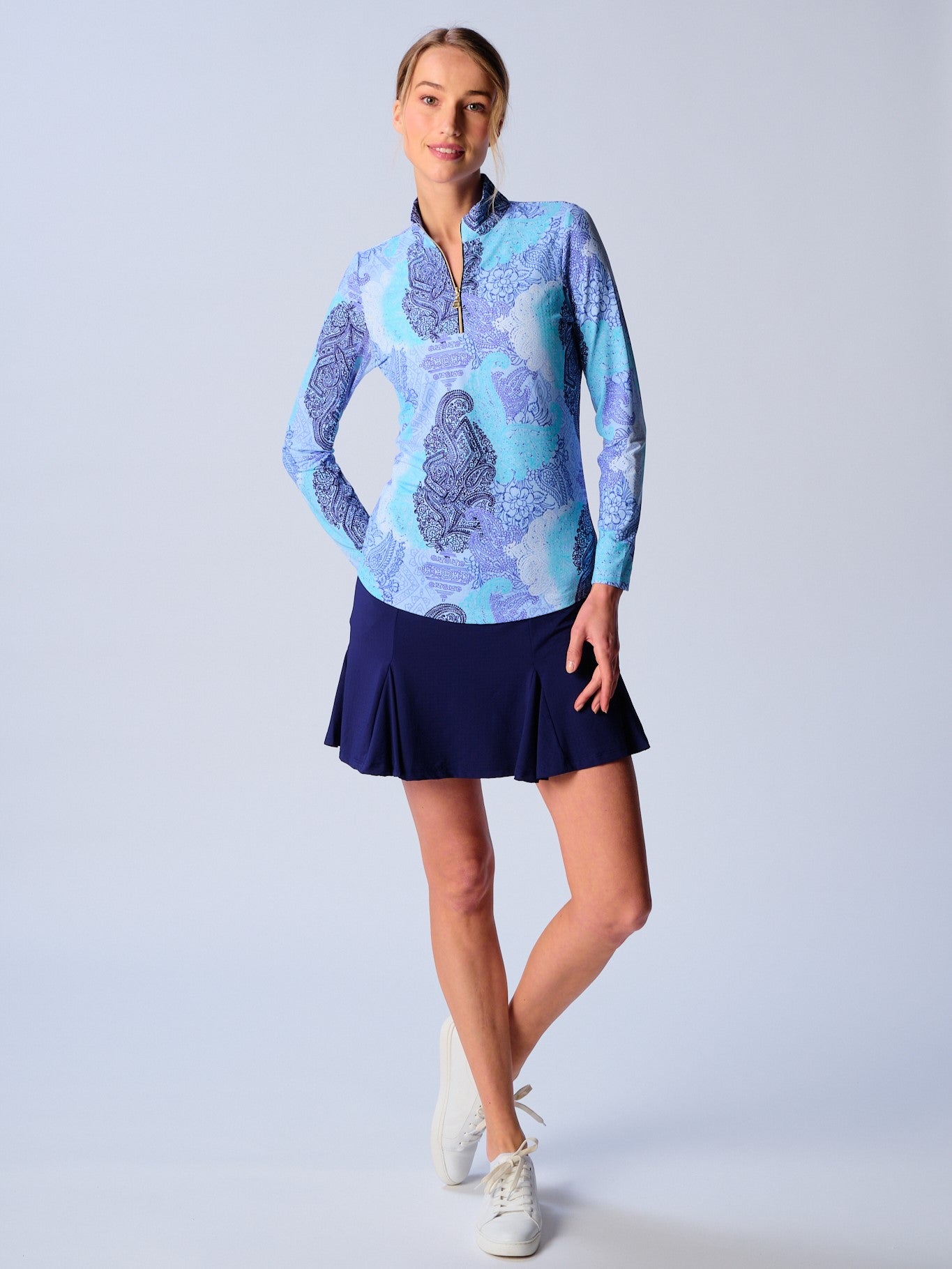 Quarter Zip Sun Protection Top In Paisley Blue