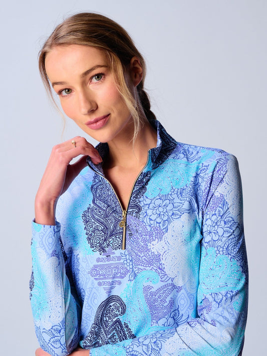 Quarter Zip Sun Protection Top In Paisley Blue