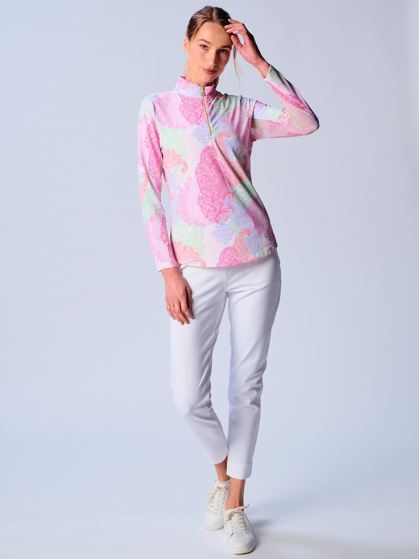 Quarter Zip Sun Protection Top In Paisley Multi