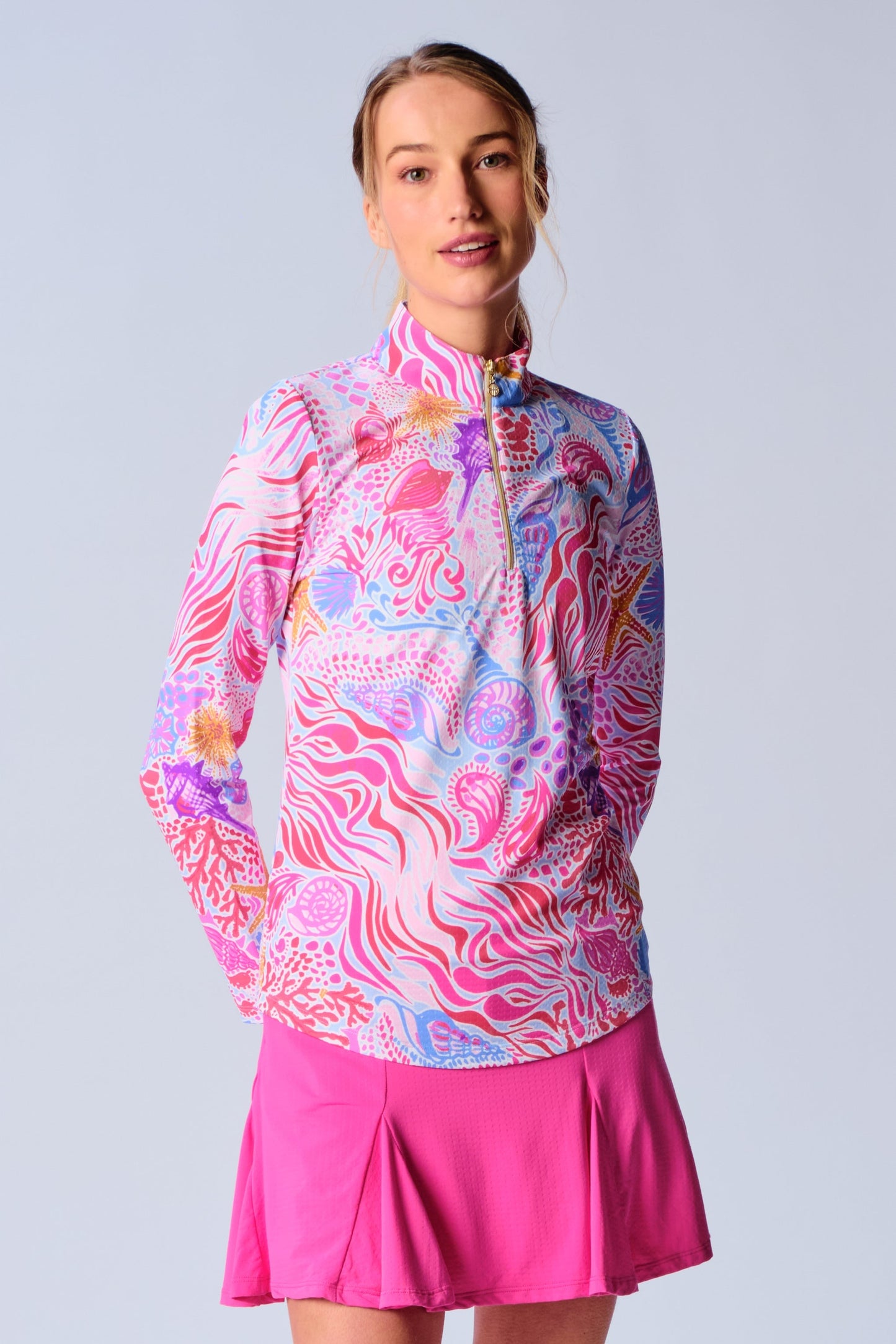 Quarter Zip Sun Protection Top In Pink Sea Wave